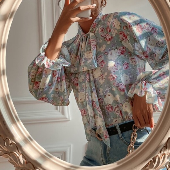 Bohemian Blush Pink Floral Neck Tie Ruffle Top Cottagecore - Picture 5 of 8